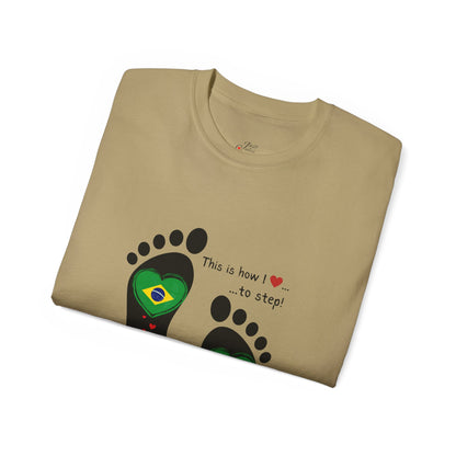 Front and Back Print Design - Brazil Heart-Shaped Flags in Footprints - Unisex Tee-Shirt Gift Idea