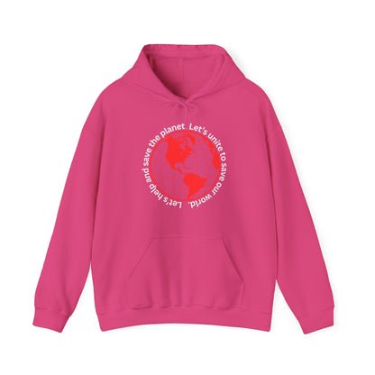 Red World Outline Hooded Top. Eco-friendly fashion with a message. Save the planet, unite the world.