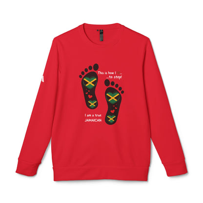 adidas® Unisex Fleece Crewneck Sweatshirt - LoveJustJules Heart-Shaped Flag of Jamaica in Footprints Top - A Fusion of Style, Patriotism, and adidas® Quality