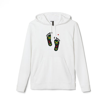 adidas® Unisex Fleece Hoodie - LoveJustJules Heart-Shaped Flag of Jamaica in Footprints Top - A Fusion of Style, Patriotism, and adidas® Quality -