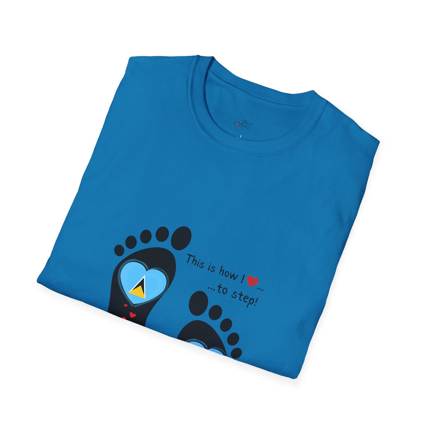 Step into Caribbean Elegance: Saint Lucia Heart-Shaped Flags in Footprints Unisex Softstyle Tee for Casual Comfort and Island Pride!