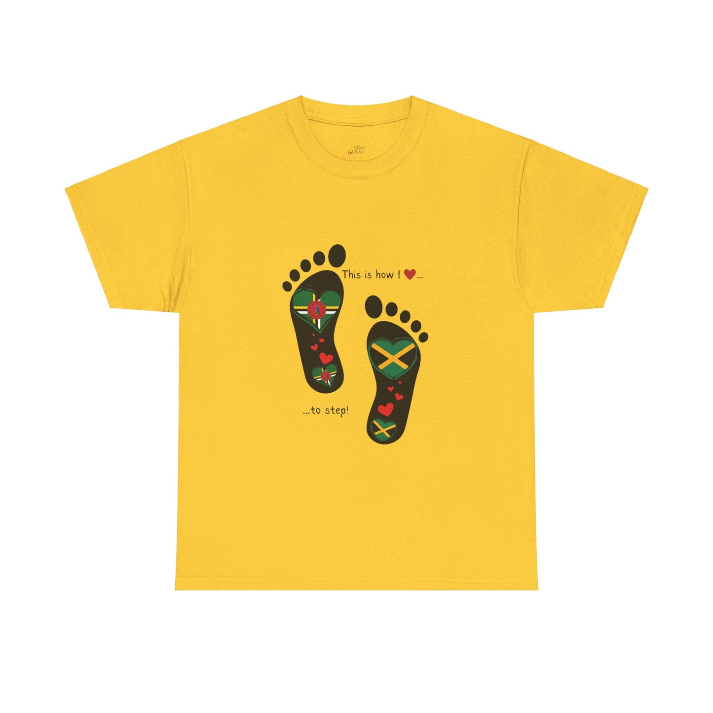 Jamaica & Dominica Flag in Footsteps Tee: Unique Unisex Soft style tee-Shirt for Dual Heritage Pride!  Island Flag Fusion Apparel