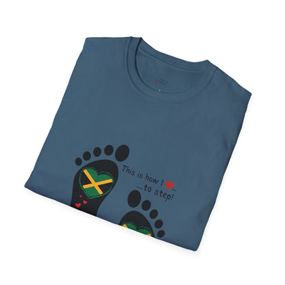 Heart-Shaped Jamaican Flag in Footsteps Unisex Softstyle Tee: Island Pride in Every Step! Jamaican Gift Idea. Love Jamaica. Heritage Pride.