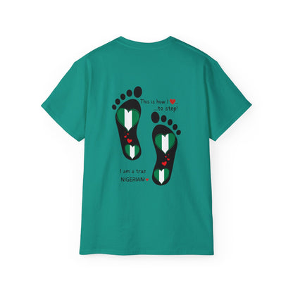 Unisex Ultra Cotton Tee - Nigerian Heart-Shaped Flag in Footprints