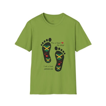 Heart-Shaped Jamaican Flag in Footsteps Unisex Softstyle Tee: Island Pride in Every Step! Jamaican Gift Idea. Love Jamaica. Heritage Pride.