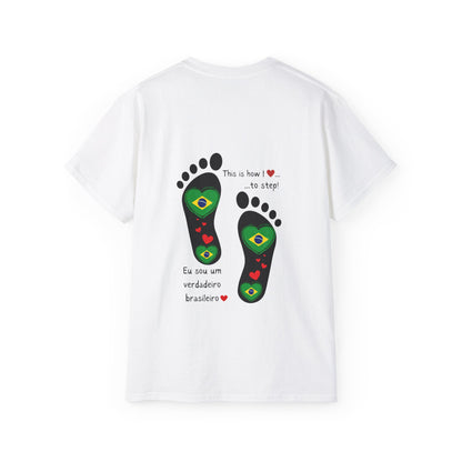 Front and Back Print Design - Brazil Heart-Shaped Flags in Footprints - Unisex Tee-Shirt Gift Idea