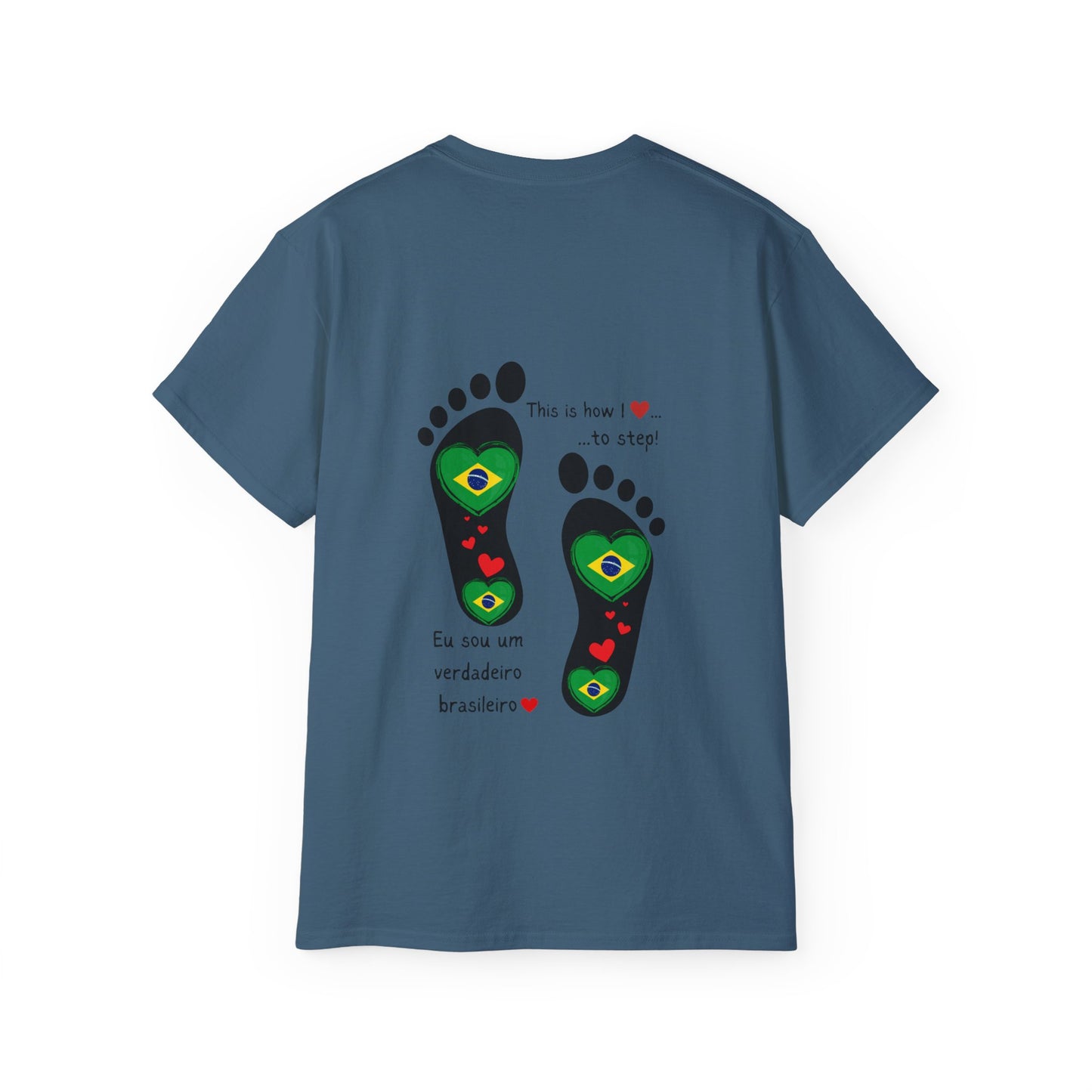 Front and Back Print Design - Brazil Heart-Shaped Flags in Footprints - Unisex Tee-Shirt Gift Idea