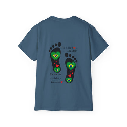 Front and Back Print Design - Brazil Heart-Shaped Flags in Footprints - Unisex Tee-Shirt Gift Idea