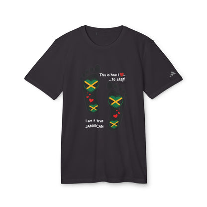 adidas® Unisex Sport T-shirt - LoveJustJules Heart-Shaped Flag of Jamaica in Footprints Top - A Fusion of Style, Patriotism, and adidas® Quality