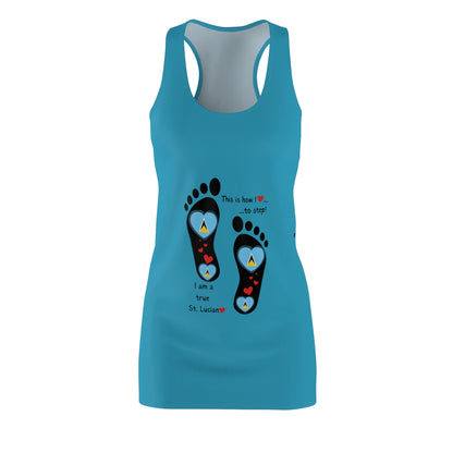 Women’s Cut & Sew Racerback Dress – Front & Back Print Design - St.Lucian Heart-Shaped Flags in Footprints Top | Stylish Heritage Apparel | Lightweight, Flattering Fit