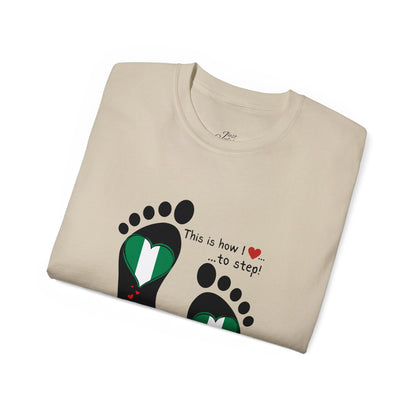 Unisex Ultra Cotton Tee - Nigerian Heart-Shaped Flag in Footprints