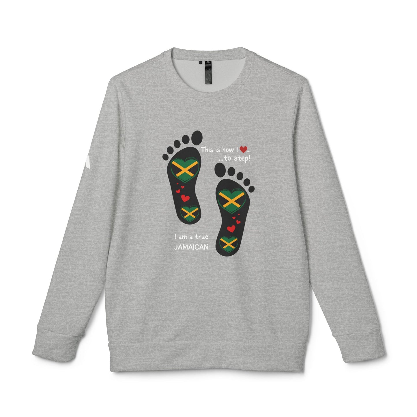 adidas® Unisex Fleece Crewneck Sweatshirt - LoveJustJules Heart-Shaped Flag of Jamaica in Footprints Top - A Fusion of Style, Patriotism, and adidas® Quality