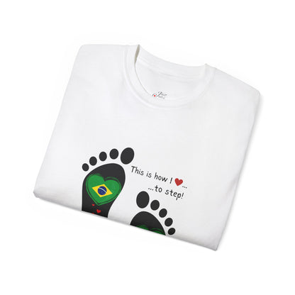 Front and Back Print Design - Brazil Heart-Shaped Flags in Footprints - Unisex Tee-Shirt Gift Idea