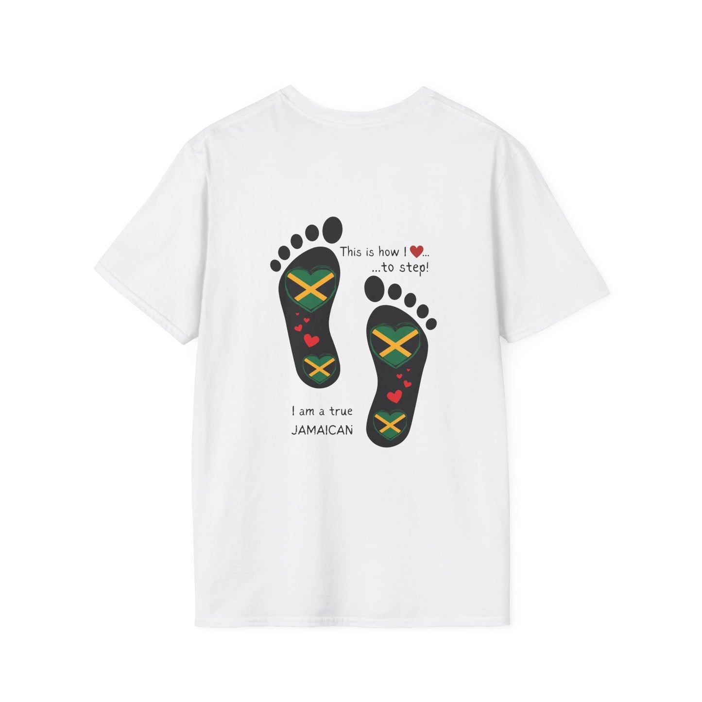 Heart-Shaped Jamaican Flag in Footsteps Unisex Softstyle Tee: Island Pride in Every Step! Jamaican Gift Idea. Love Jamaica. Heritage Pride.