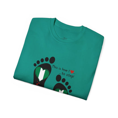 Unisex Ultra Cotton Tee - Nigerian Heart-Shaped Flag in Footprints