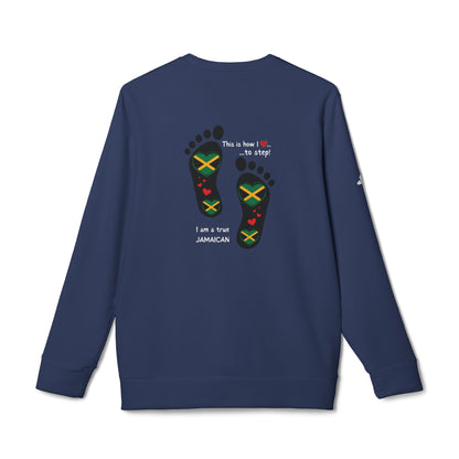 adidas® Unisex Fleece Crewneck Sweatshirt - LoveJustJules Heart-Shaped Flag of Jamaica in Footprints Top - A Fusion of Style, Patriotism, and adidas® Quality