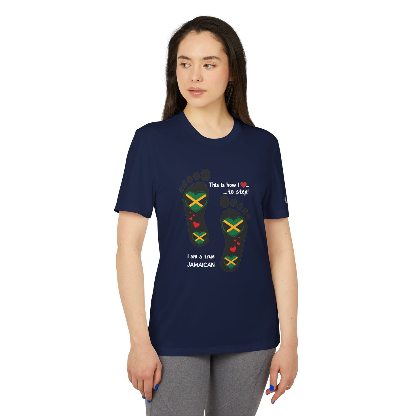 adidas® Unisex Sport T-shirt - LoveJustJules Heart-Shaped Flag of Jamaica in Footprints Top - A Fusion of Style, Patriotism, and adidas® Quality