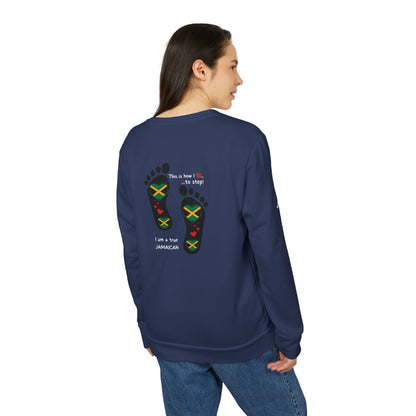 adidas® Unisex Fleece Crewneck Sweatshirt - LoveJustJules Heart-Shaped Flag of Jamaica in Footprints Top - A Fusion of Style, Patriotism, and adidas® Quality