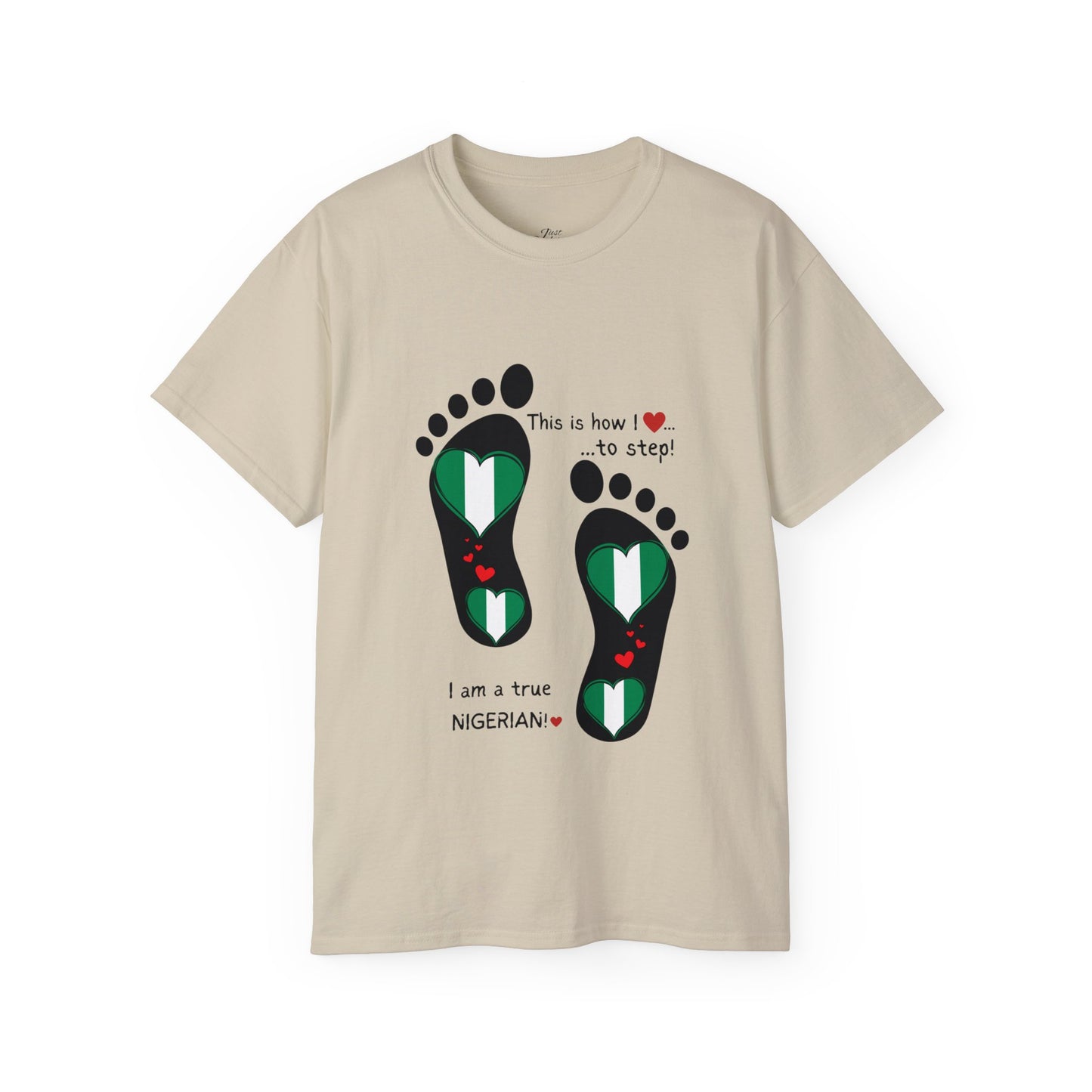 Unisex Ultra Cotton Tee - Nigerian Heart-Shaped Flag in Footprints