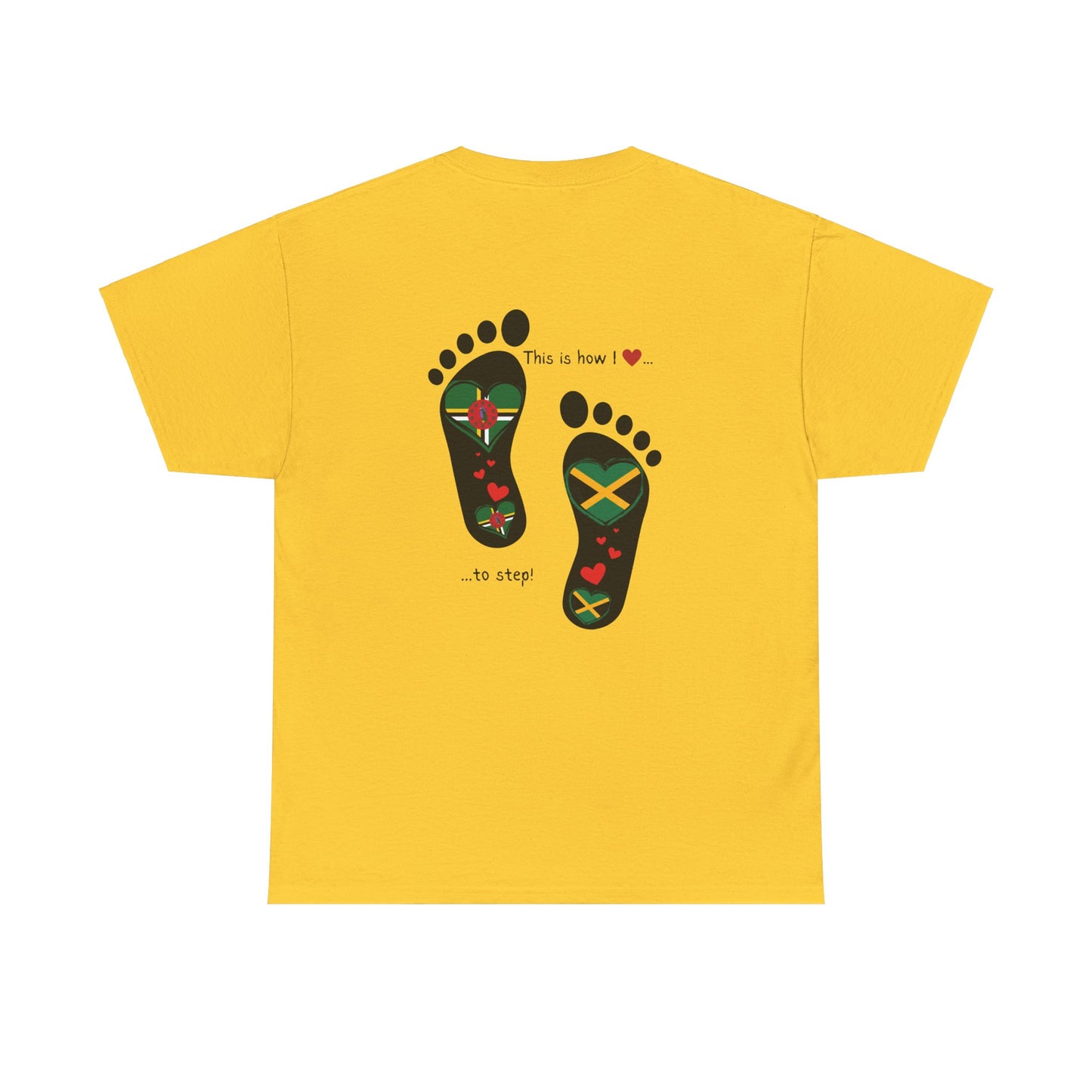 Jamaica & Dominica Flag in Footsteps Tee: Unique Unisex Soft style tee-Shirt for Dual Heritage Pride!  Island Flag Fusion Apparel