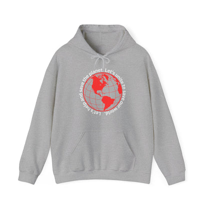 Red World Outline Hooded Top. Eco-friendly fashion with a message. Save the planet, unite the world.