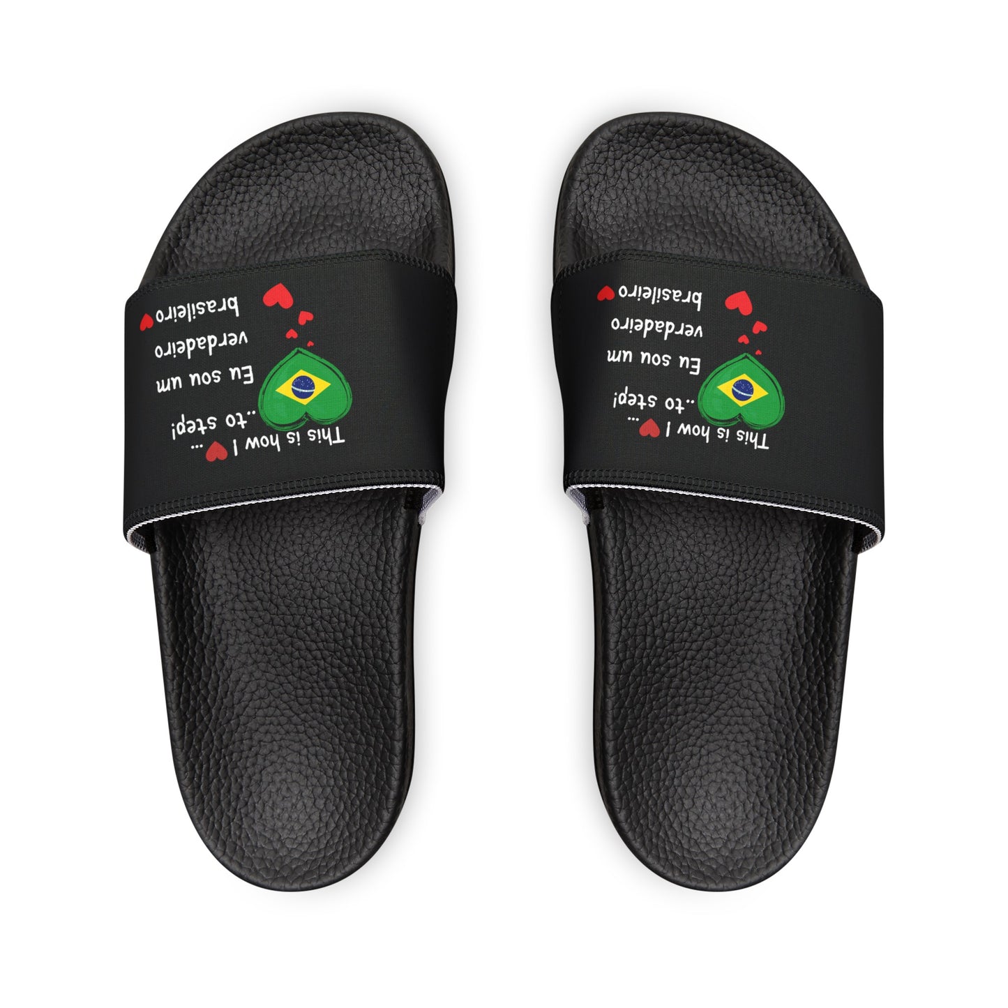 Women's PU Slide Sandals - Stride with pride in our Heart-shaped Brazilian flag slider footwear from LoveJustJules!