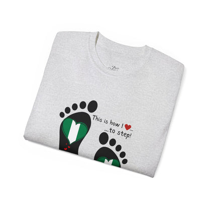 Unisex Ultra Cotton Tee - Nigerian Heart-Shaped Flag in Footprints