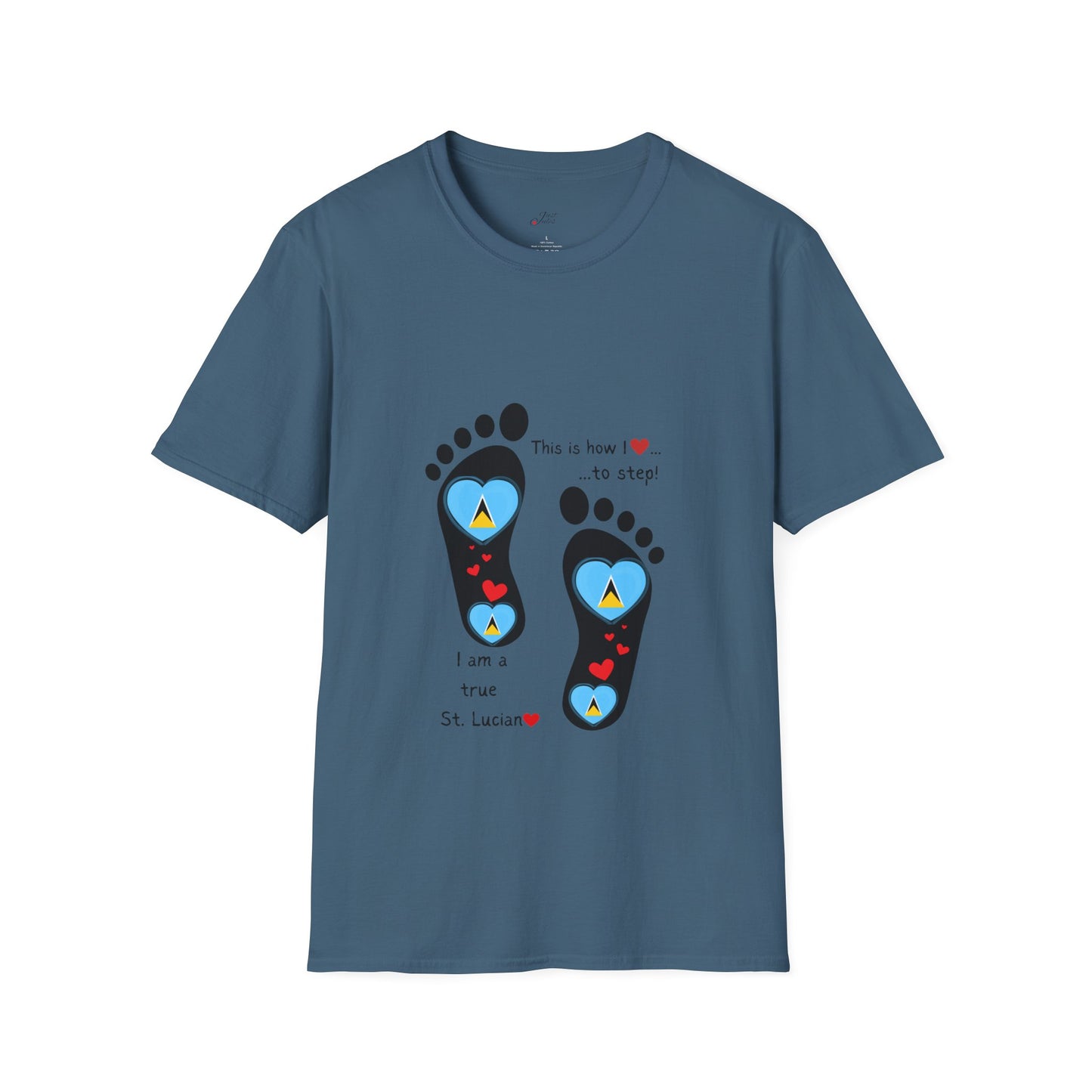 Step into Caribbean Elegance: Saint Lucia Heart-Shaped Flags in Footprints Unisex Softstyle Tee for Casual Comfort and Island Pride!