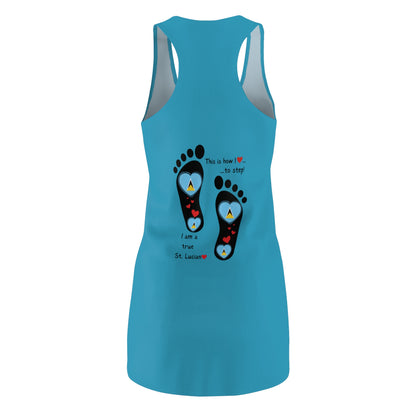 Women’s Cut & Sew Racerback Dress – Front & Back Print Design - St.Lucian Heart-Shaped Flags in Footprints Top | Stylish Heritage Apparel | Lightweight, Flattering Fit