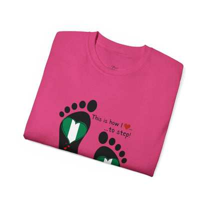 Unisex Ultra Cotton Tee - Nigerian Heart-Shaped Flag in Footprints