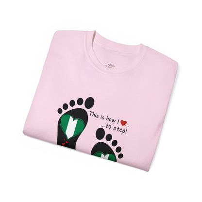 Unisex Ultra Cotton Tee - Nigerian Heart-Shaped Flag in Footprints