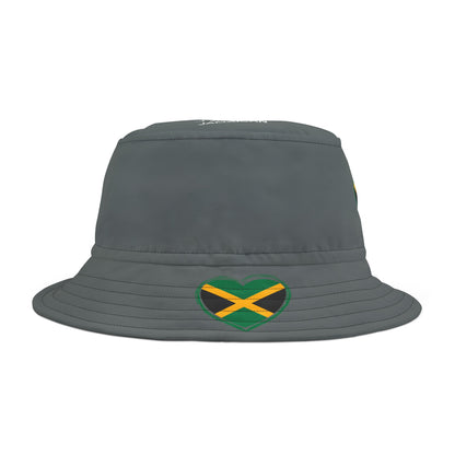 Dark Grey Coloured - Heart-Shaped Jamaican Flag Bucket Hat with 'All Up In My Head... I am a True Jamaican' Text