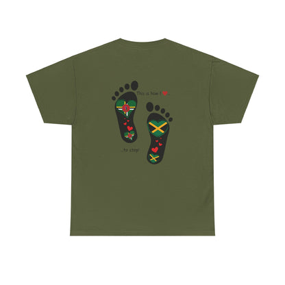 Jamaica & Dominica Flag in Footsteps Tee: Unique Unisex Soft style tee-Shirt for Dual Heritage Pride!  Island Flag Fusion Apparel