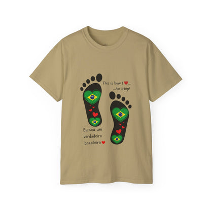 Front and Back Print Design - Brazil Heart-Shaped Flags in Footprints - Unisex Tee-Shirt Gift Idea