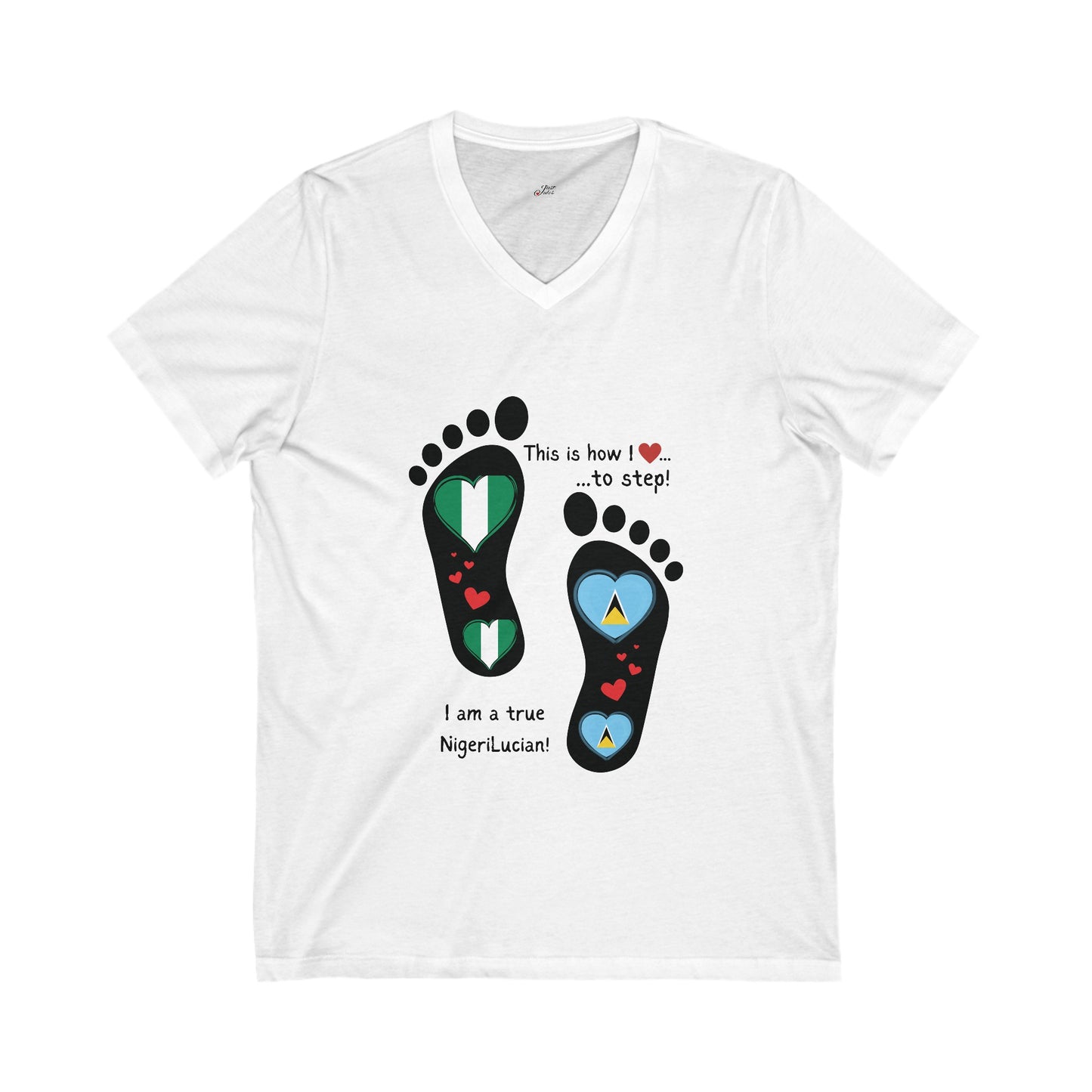 Saint Lucia & Nigeria Heart-Shaped Flags in Footprints Unisex Top: Express dual-nationality identity pride with a unique design.