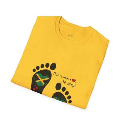 Heart-Shaped Jamaican Flag in Footsteps Unisex Softstyle Tee: Island Pride in Every Step! Jamaican Gift Idea. Love Jamaica. Heritage Pride.