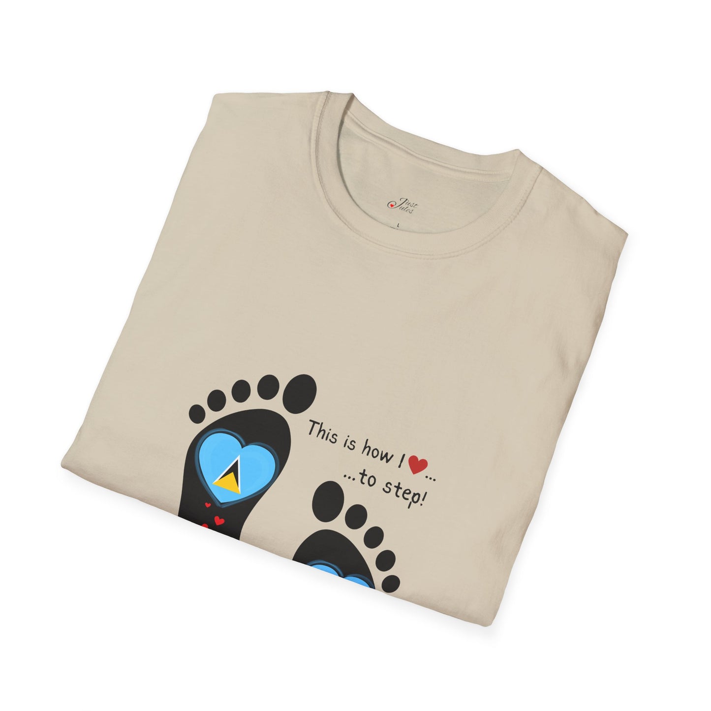 Step into Caribbean Elegance: Saint Lucia Heart-Shaped Flags in Footprints Unisex Softstyle Tee for Casual Comfort and Island Pride!