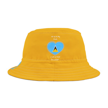 Yellow St. Lucian Heritage Heart-Shaped Flag Bucket Hat with 'All Up In My Head... I am a True St. Lucian' Text