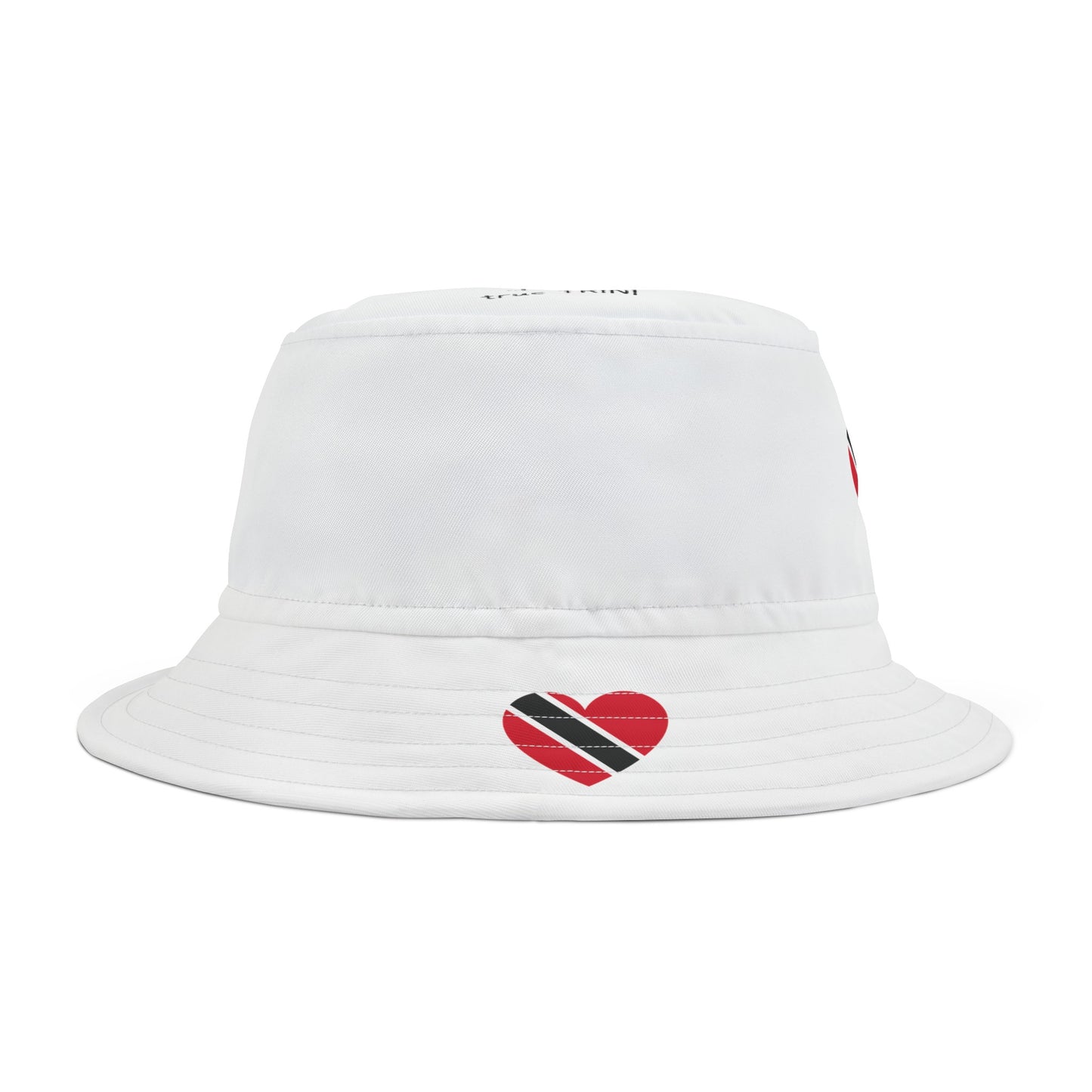 Heart-Shaped Trinidad & Tobago Flag Bucket Hat with 'All Up In My Head... I am a True Trini' Text.