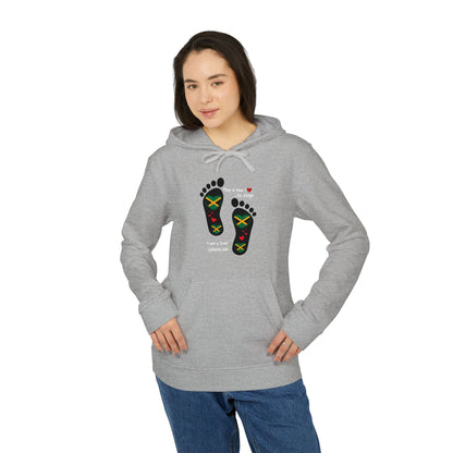 adidas® Unisex Fleece Hoodie - LoveJustJules Heart-Shaped Flag of Jamaica in Footprints Top - A Fusion of Style, Patriotism, and adidas® Quality -