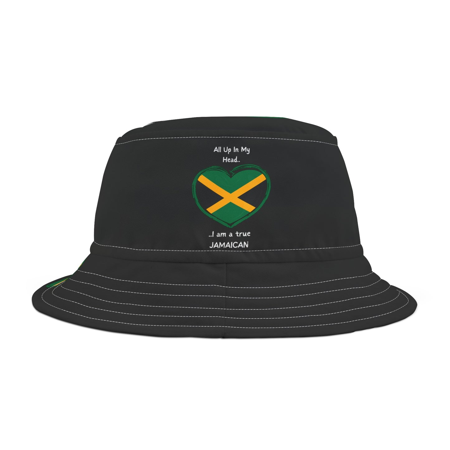 Black Coloured - Heart-Shaped Jamaican Flag Bucket Hat with 'All Up In My Head... I am a True Jamaican' Text