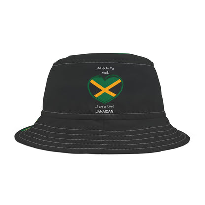 Black Coloured - Heart-Shaped Jamaican Flag Bucket Hat with 'All Up In My Head... I am a True Jamaican' Text