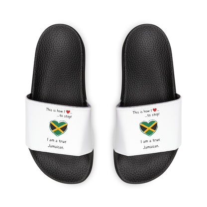 Women's PU Slide Sandals - Step into Jamaican pride with our newly designed Heart-shaped Jamaican flag slider footwear from LoveJustJules!