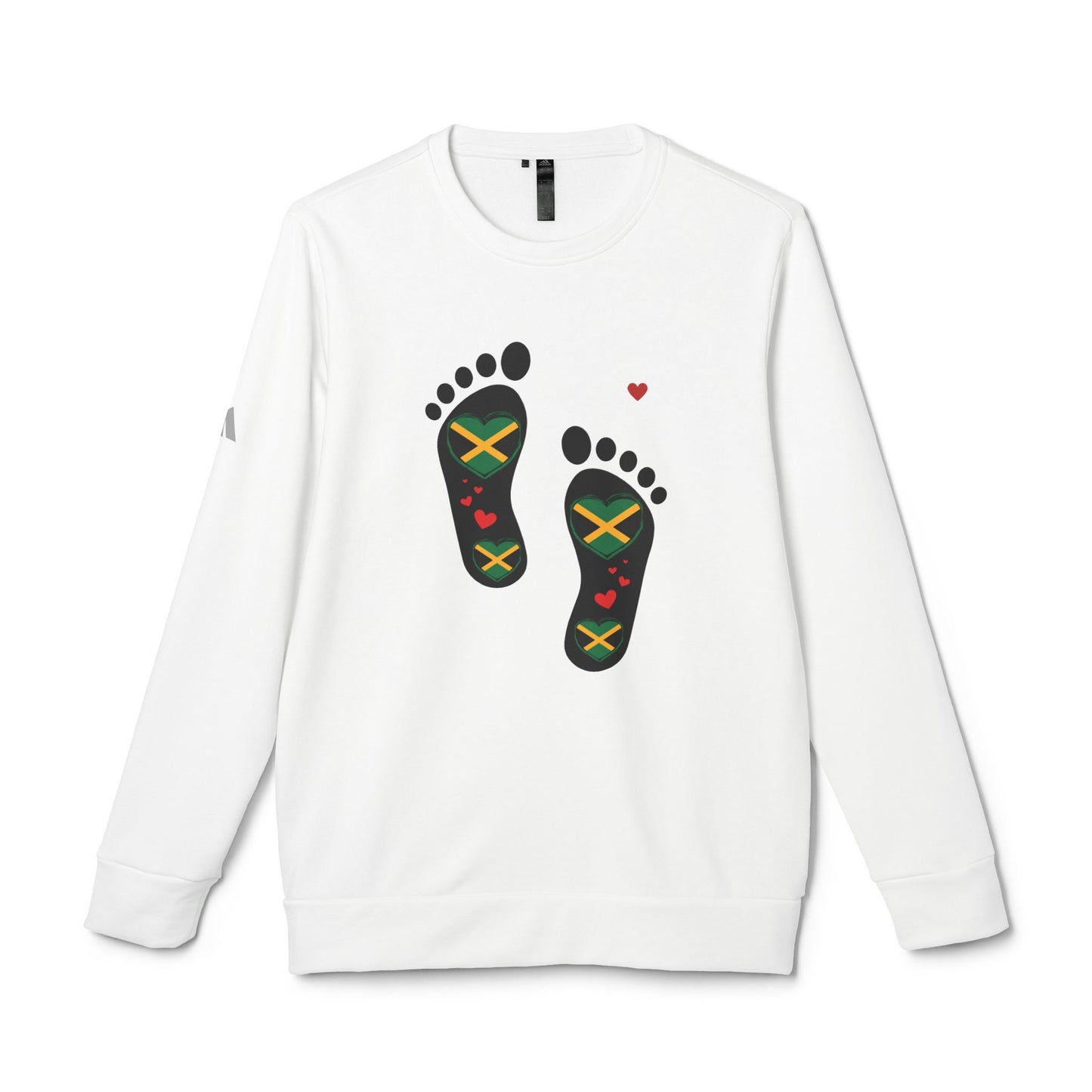 adidas® Unisex Fleece Crewneck Sweatshirt - LoveJustJules Heart-Shaped Flag of Jamaica in Footprints Top - A Fusion of Style, Patriotism, and adidas® Quality