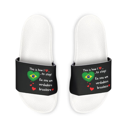 Men's PU Slide Sandals - Stride with pride in our Heart-shaped Brazilian flag slider footwear from LoveJustJules!