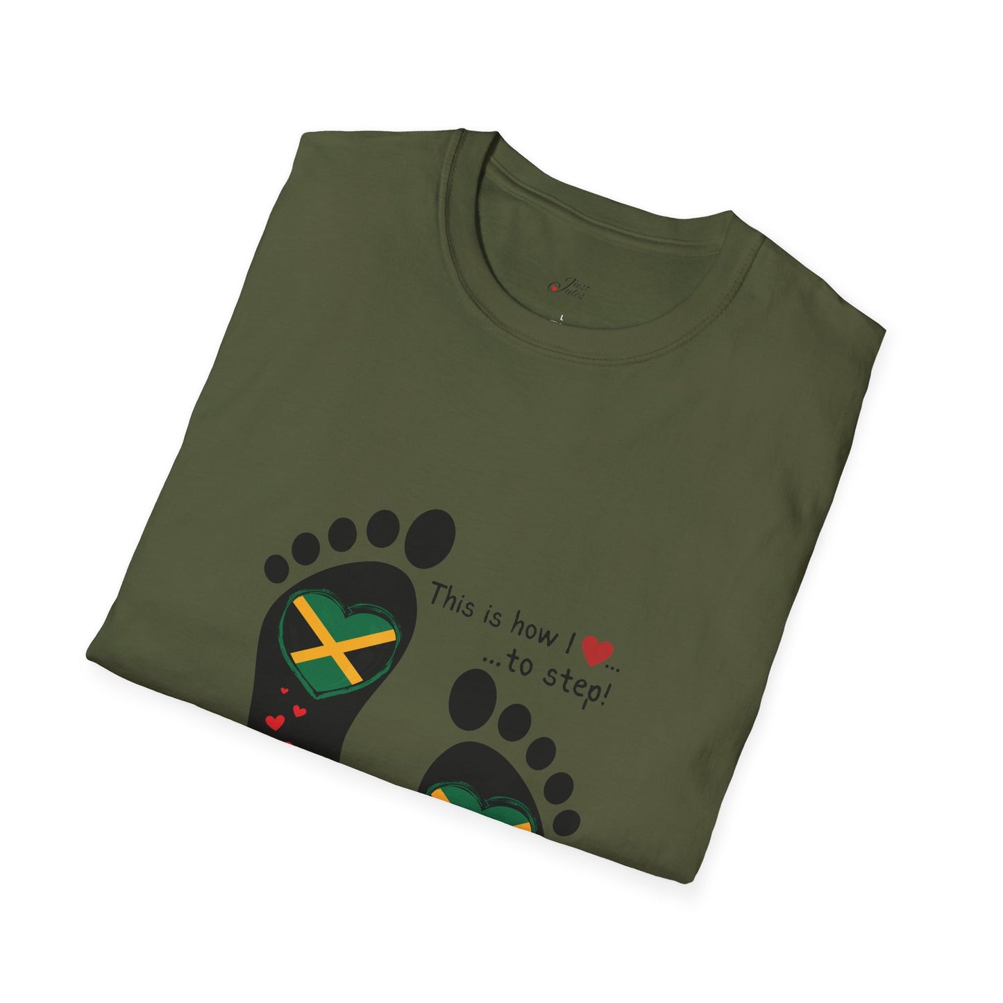 Heart-Shaped Jamaican Flag in Footsteps Unisex Softstyle Tee: Island Pride in Every Step! Jamaican Gift Idea. Love Jamaica. Heritage Pride.