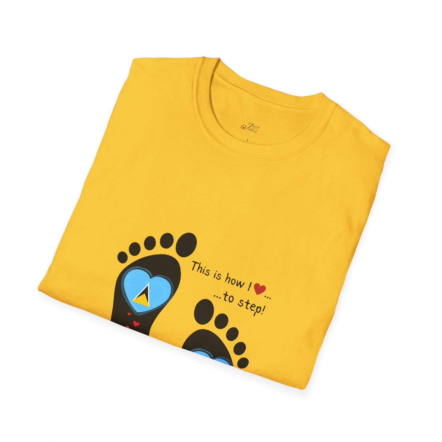 Step into Caribbean Elegance: Saint Lucia Heart-Shaped Flags in Footprints Unisex Softstyle Tee for Casual Comfort and Island Pride!