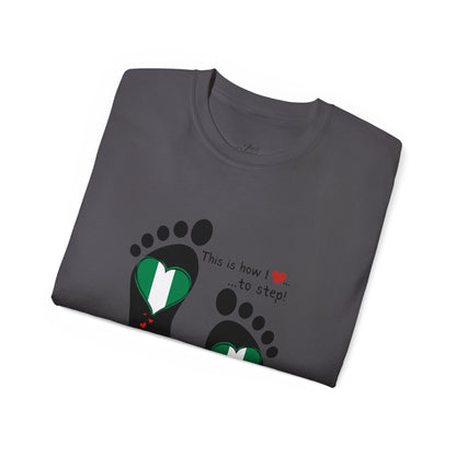 Unisex Ultra Cotton Tee - Nigerian Heart-Shaped Flag in Footprints