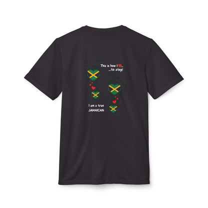 adidas® Unisex Sport T-shirt - LoveJustJules Heart-Shaped Flag of Jamaica in Footprints Top - A Fusion of Style, Patriotism, and adidas® Quality