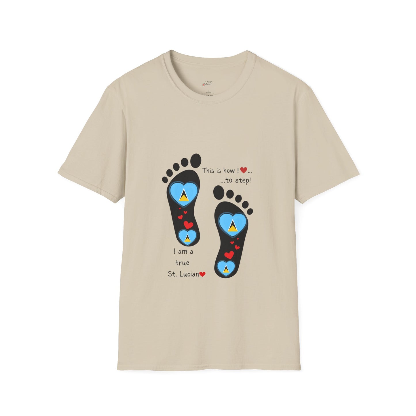 Step into Caribbean Elegance: Saint Lucia Heart-Shaped Flags in Footprints Unisex Softstyle Tee for Casual Comfort and Island Pride!